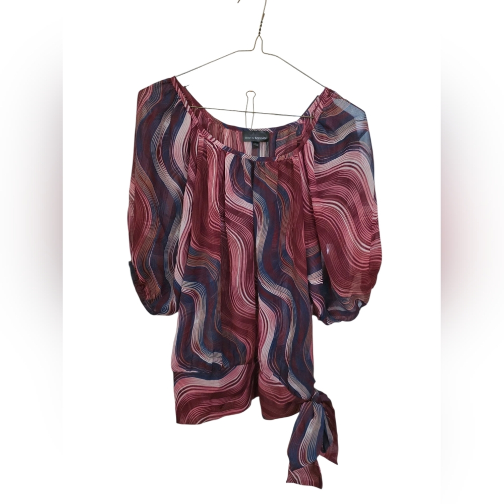 Kappahl Purple & Punk EUC Sheer Dide Tie Blouse Wavy Print Size 32/34